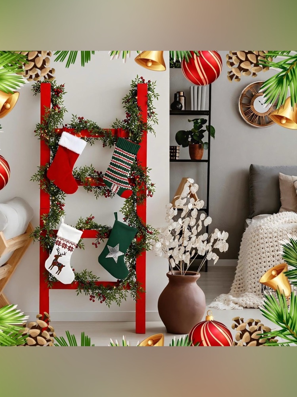 Christmas Red Wooden Ladder 35 Inch Christmas Decoration Stocking Holder